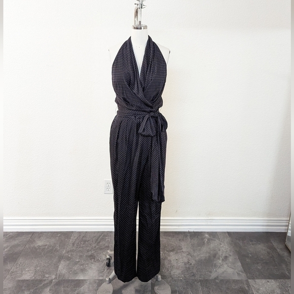 Diane von Furstenberg Polka Dot Halter Straight Leg Silk Jumpsuit Black White 4 - Picture 2 of 11